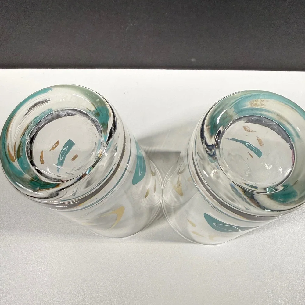 Vintage Mid Century Modern Atomic Boomerang Highball Glasses Teal Gold Set of 2